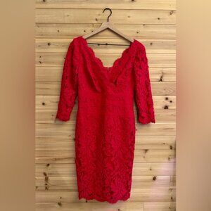 Tadashi Shoji 8 Lace Red Lace 3/4 Sleeve Sheath Dress Valentines Romantic
